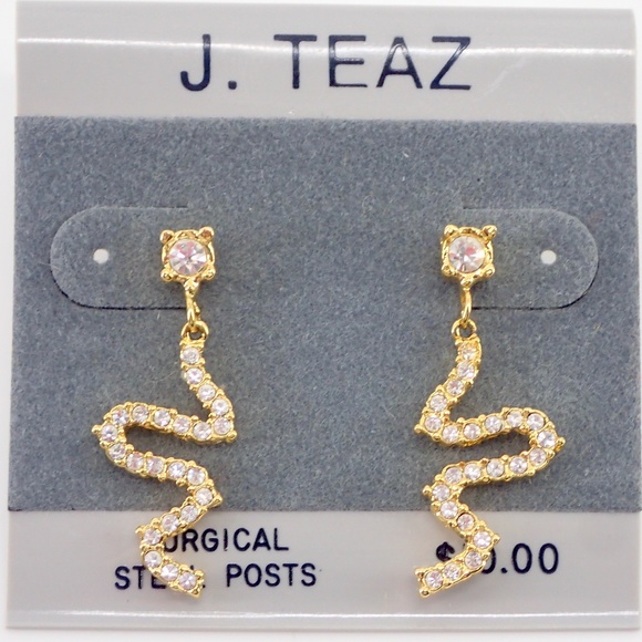 J. Teaz Gold and Diamond Snake Earrings 1"  New with tags Surgical Steel Post - Picture 1 of 1
